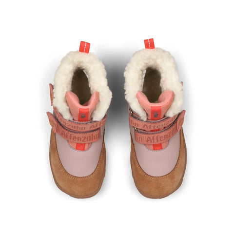 Aufsicht von oben: AFFENZAHN TEX Stiefel WINTY PONY aus Leder, braun/pink/koralle, flauschiges Innenfutter, Klettverschluss