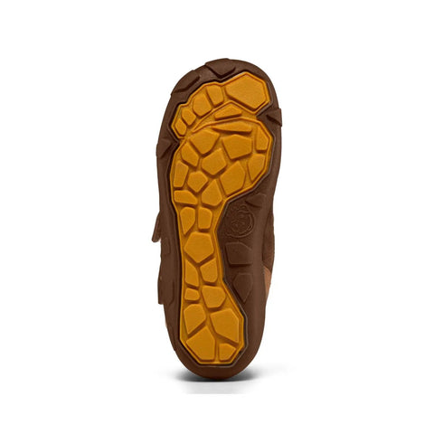 AFFENZAHN TEX Stiefel – Unteransicht des braunen Lederstiefels mit gelb-goldener Profilsohle.