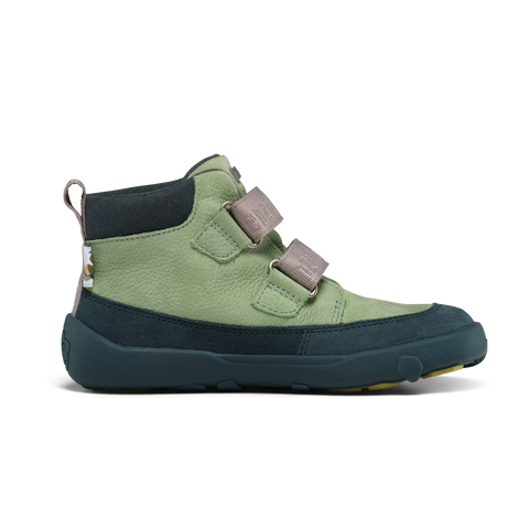 Seitenansicht des AFFENZAHN Sneaker; mintgrünes Obermaterial, dunkelblaue Sohle, zwei taupe Klettverschlüsse.