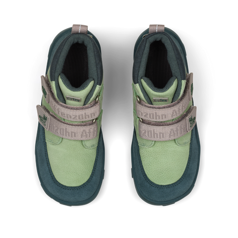 Ansicht von oben: AFFENZAHN TEX Knöchelsneaker, zwei mintgrüne Schuhe mit beigen Klettbändern und Logo-Labels.