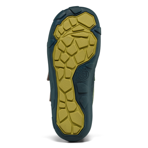 Unteransicht eines AFFENZAHN Sneaker-TEX Knöchelschuh; gelbe, polygonale Sohle mit tealfarbenem Rand