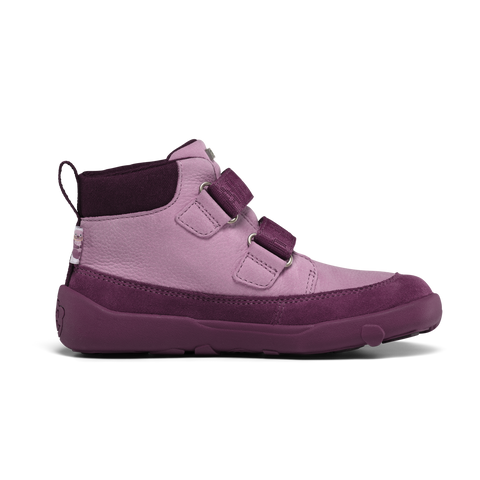 Seitenansicht des AFFENZAHN TEX Knöchelschuh aus Leder pflaume/lila, mit zwei Klettverschlüssen