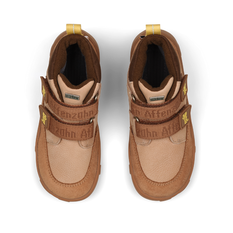 Draufsicht auf AFFENZAHN Sneaker TEX Knöchelschuh Friendly Tiger, braun/gelb; Leder, Klettverschluss sichtbar.