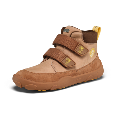 Seitenansicht des AFFENZAHN Sneaker Modell FRIENDY TIGER aus Leder, braun/gelb, zwei Klettverschlüsse