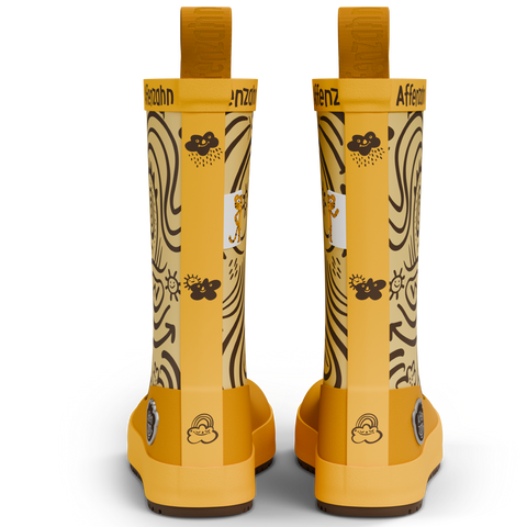 AFFENZAHN Gummistiefel – Rückansicht, Vegan Plashy TIGER, gelb/braun, mit Logo-Band oben.