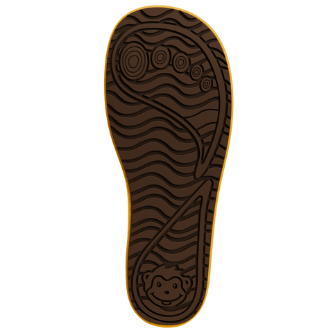 Unteransicht: AFFENZAHN Gummistiefel-Sohle, gelb-braune Gummi-Sohle mit Wellenprofil und Monkey-Logo.
