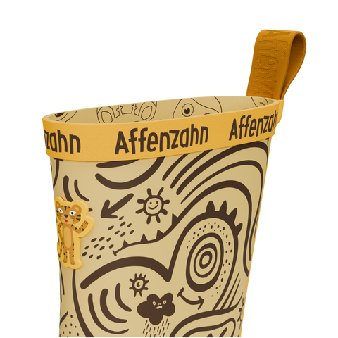 Seitenansicht von AFFENZAHN Gummistiefel TIGER, gelb/beige mit braunen Doodle-Motiven und Tiger-Anhänger