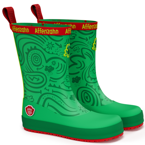 AFFENZAHN Gummistiefel Grün/Rot, Paar Stiefel mit roter Sohle, rotem Rand und Muster