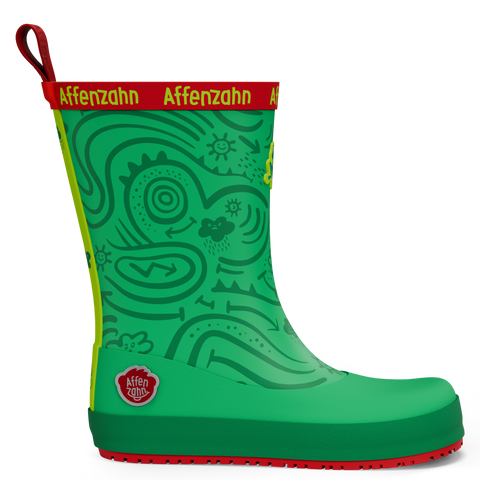 Seitenansicht des AFFENZAHN Gummistiefel Vegan Plashy FROSCH grün/rot mit Musterprint und roter Sohle