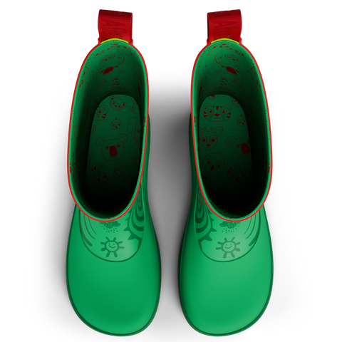 Obenansicht: AFFENZAHN Gummistiefel, grün mit roten Zuglaschen; Innenfutter mit Tiermotiven.