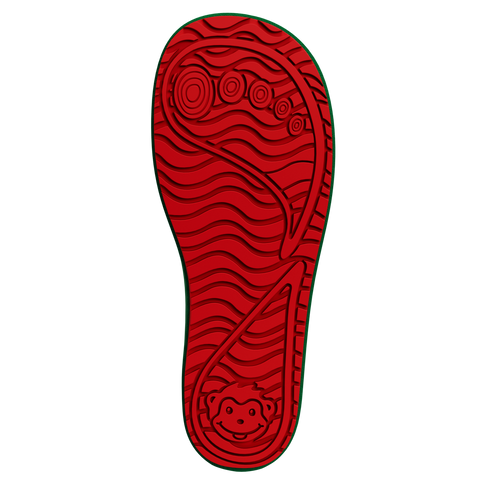 Unteransicht der AFFENZAHN Gummistiefel-Sohle: rote Sohle mit Wellenmuster, grüne Randlinie, Frog-Logo