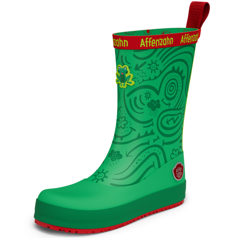 AFFENZAHN Gummistiefel grün mit roter Sohle, roter Oberkante und Affenzahn-Logo, Frosch-Motiv am Schaft.