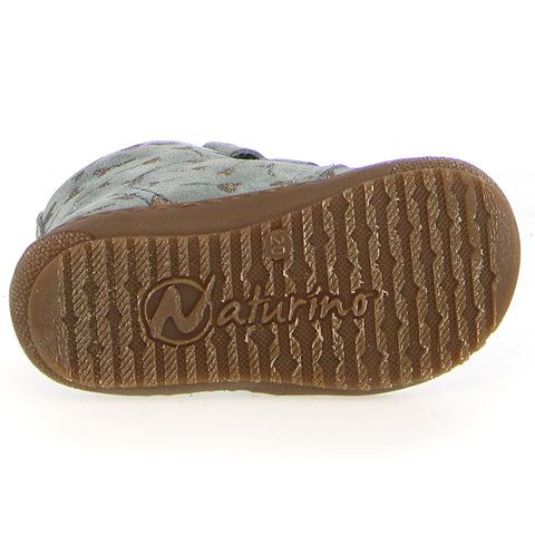 A pair of mint green Naturino Bubble boots with golden heart accents