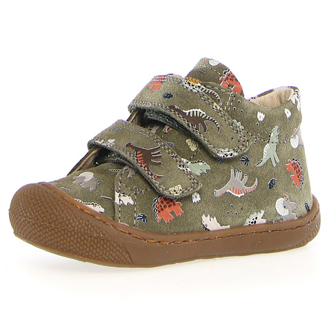 NATURINO Halbschuh COCOON in olive green with dinosaur print, perfect for adventurous kids