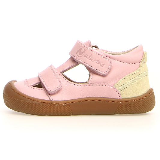 A pair of NATURINO Barfußschuh Halbsandale IRTYS in a lovely pink and cream color, perfect for little girls to run and play in comfort and style