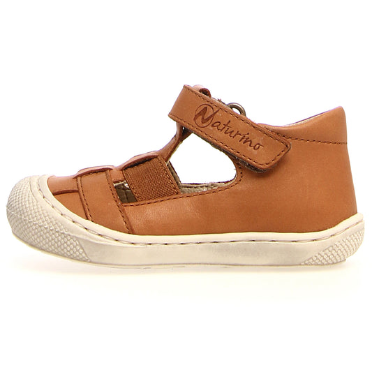 Naturino cognac-colored long half sandal with comfortable straps for kids