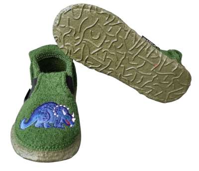 Vorderansicht des grünen NANGA Hausschuhs mit Dinosaurien, perfekt für gemütliche Tage drinnen