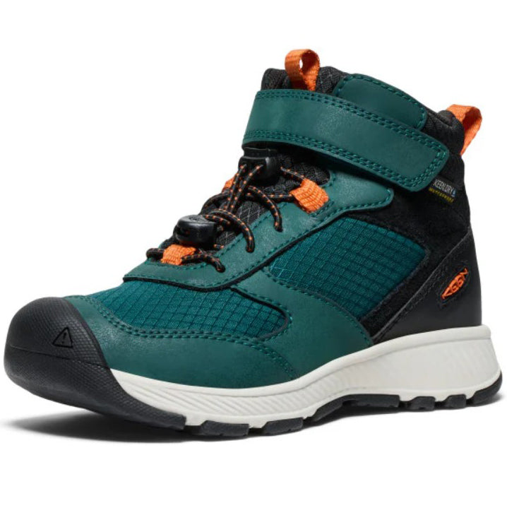 Detailaufnahme des robusten Obermaterials des KEEN SKUA MID Wanderschuhs in Tanne und Orange