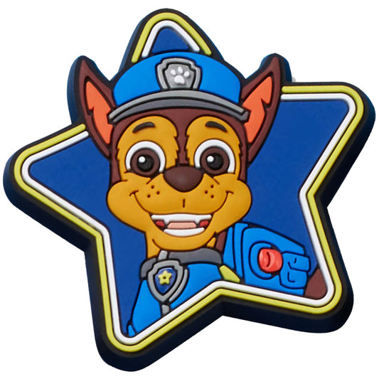 Colorful CROCS Jibbitz featuring the Paw Patrol character Chase, with blue background and playful design
