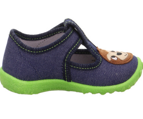 Comfortable blue and green slippers for children featuring a cute sloth design