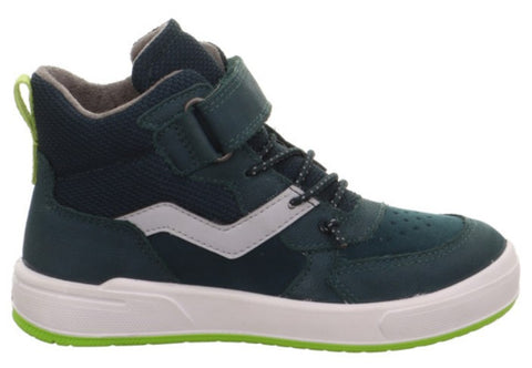 Robuster SUPERFIT GORE TEX MAVERICK Knöchelschuh in dunkelblau mit hellgrünen Highlights, atmungsaktivem Obermaterial und bequemer Passform für Alltag und Outdoor