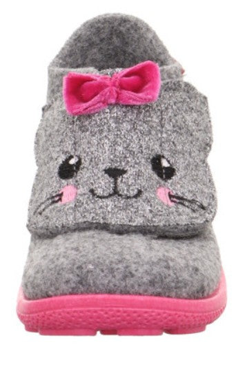 Trendiger SUPERFIT Hausschuh HAPPY 6295-250 in Grau mit Glitzerelementen und Katze, ideal für Kinder in der kalten Jahreszeit