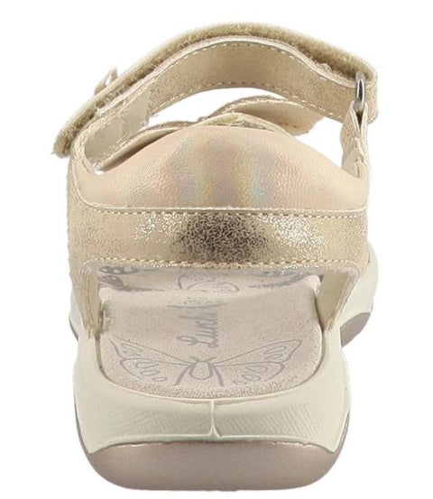 LURCHI Sandale FARFALLA, Modell custom.modellbezeichnung, Rückansicht, goldene Glitzeroptik, Klettverschluss, beige Sohle