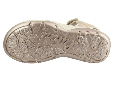 LURCHI Sandale FARFALLA – gold, Glitzer; Unterseite der Sohle mit Muster und LURCHI-Logo.