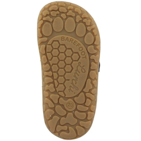 Pair of LURCHI Barfuß Halbschuh NORIKO - aubergine kids' shoes displayed on a shelf in a store