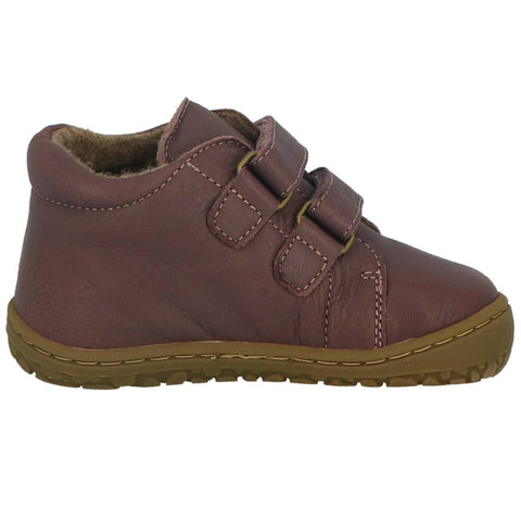 Side view of LURCHI Barfuß Halbschuh NORIKO - aubergine kids' shoe with reinforced toe