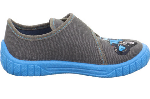 Comfortable and stylish SUPERFIT Hausschuh BILL 278-206 featuring a grey and blue color scheme with a fun tractor design