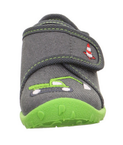 Comfortable and durable SUPERFIT Hausschuh SPOTTY 9254-207 in grey and green with a fun digger design
