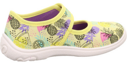 Yellow SUPERFIT Hausschuh BELINDA 288-602 featuring a colorful summer fruit design