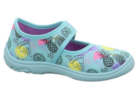 Comfortable and stylish türkis SUPERFIT Hausschuh BELINDA 288-752 featuring a vibrant Sommerfrüchte design