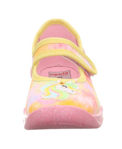 Comfortable and colorful SUPERFIT Hausschuh BUBBLE 6271-60 in pink and yellow with adorable unicorn design