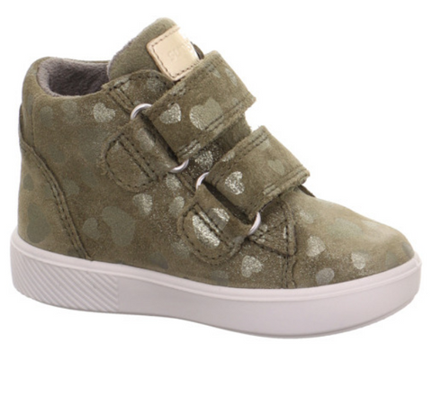 Olive and gold heart-patterned SUPERFIT GORE-TEX ankle shoe, style SUPIES 778-70