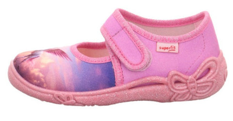 Kinderhausschuh in Pink und Lila mit niedlichem Pferdemotiv