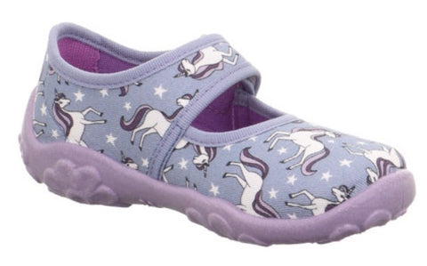 Bequemer SUPERFIT Hausschuh BONNY 283-808 in lila, ausgestattet mit einem charmanten Einhorn-Print für Kinder