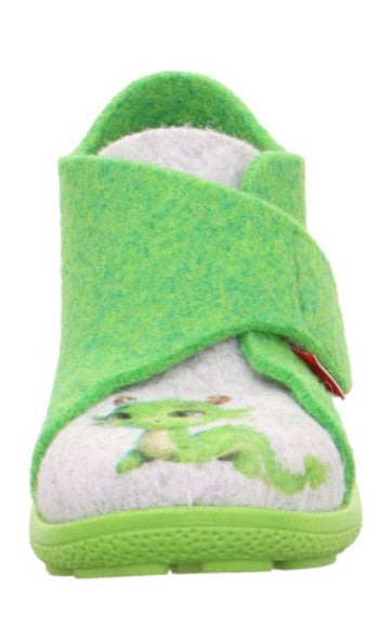 Detailansicht des SUPERFIT Hausschuh HAPPY 6291-700 in Apfelgrün, atmungsaktives Material und rutschfeste Sohle