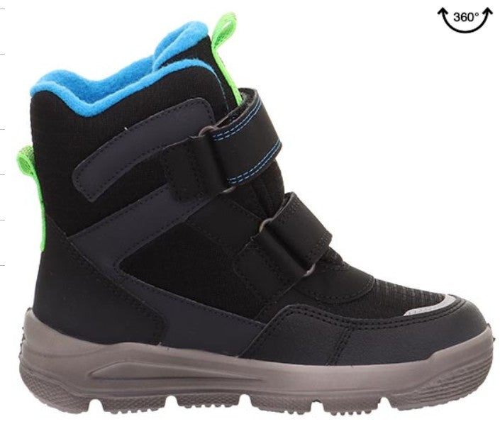 Detaillierte Ansicht des superfit GORE-TEX Stiefels MARS 9072/00 in den Farben schwarz, blau und grün, ideal für Outdoor-Aktivitäten bei jedem Wetter