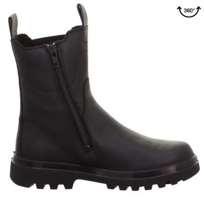 Nahaufnahme des SUPERFIT GORE-TEX Stiefels ABBY 613-001 in Schwarz, zeigt die Verarbeitung und Reißverschluss