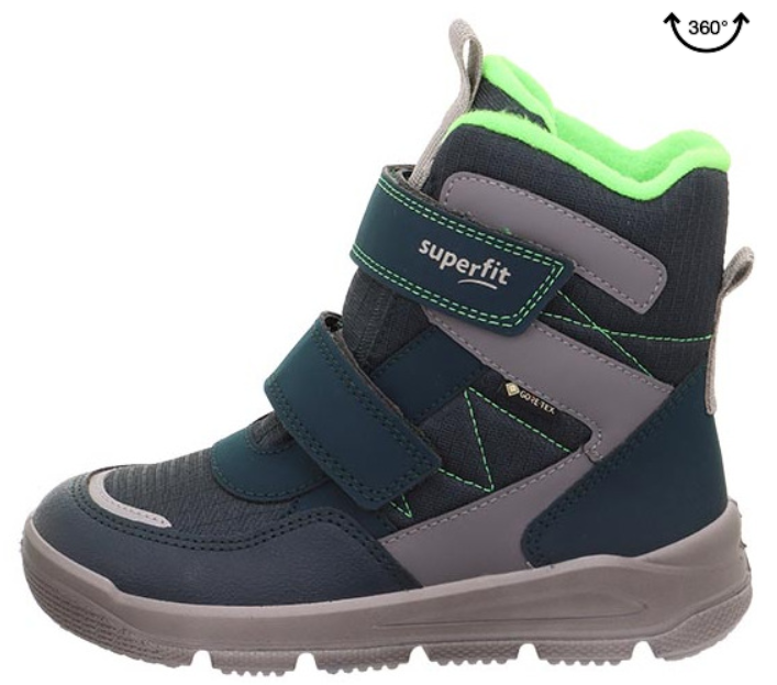 Detaillierte Ansicht des SUPERFIT GORE-TEX Stiefels MARS 9072/70 in blauer Farbe mit neongrünen Akzenten