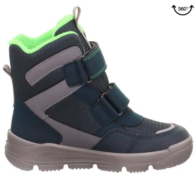 Blick auf die robuste Verarbeitung des SUPERFIT GORE-TEX MARS 9072/70 Stiefels in Blau mit leuchtendem Neongrün