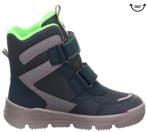 Blick auf die robuste Verarbeitung des SUPERFIT GORE-TEX MARS 9072/70 Stiefels in Blau mit leuchtendem Neongrün