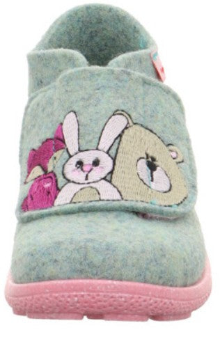 Warmer Hausschuh SUPERFIT HAPPY 6295-75 in hellgrün, rosa und Eule-Design für gemütliche Stunden zu Hause