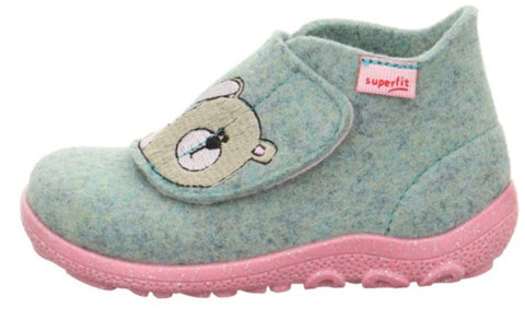 Bunter SUPERFIT Hausschuh HAPPY 6295-75 mit hellgrüner, rosa Farbgebung und Eulenmotiv, ideal für Kinder