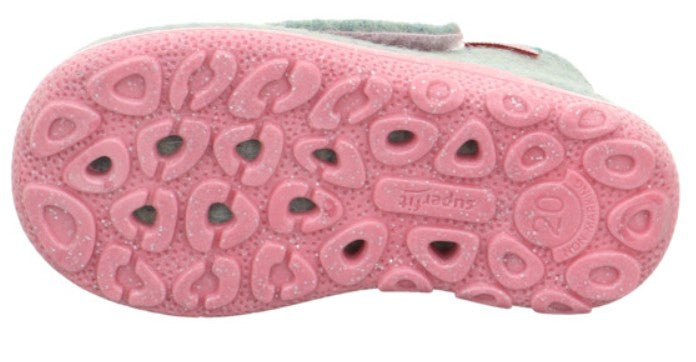 Weicher Hausschuh SUPERFIT HAPPY 6295-75 in hellgrün, rosa mit niedlichem Eulenmotiv, ideal für den Innenbereich