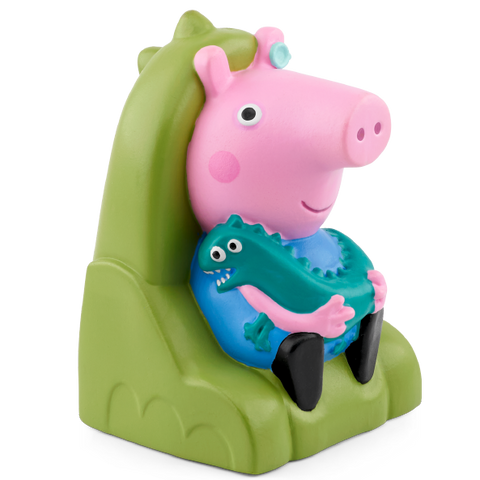Vorderansicht: TONIES Figur Peppa Pig – pinkes Schwein mit blauem Drachen auf grünem Sockel