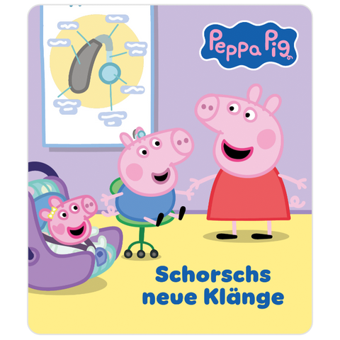 Tonies Figur Peppa Pig – mehrere pinkfarbene Schweinchen im Spielzimmer, lila Wand, gelber Boden, Peppa Pig-Logo sichtbar.