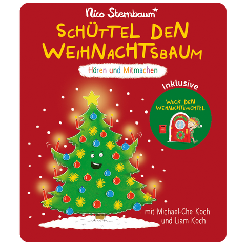 Tonies Figur Nico Sternbaum – Schüttel den Weihnachtsbaum; rote Cover mit grünem Baum und bunten Kugeln.